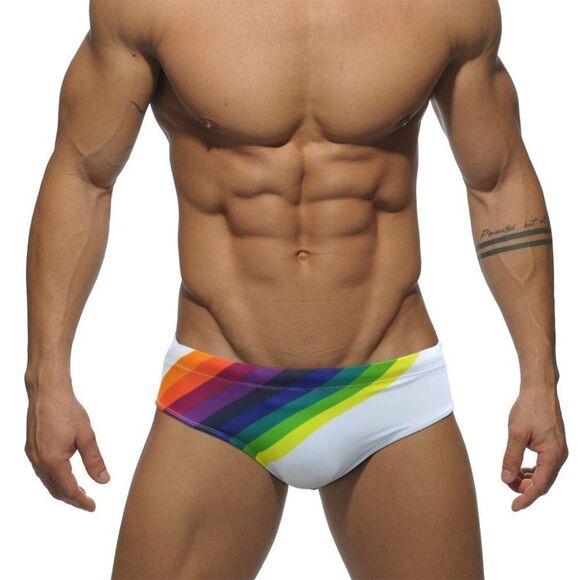 Men's Rainbow Stripes Speedo Swimwear Swim Briefs Beach Love is Love white XL - Picture 1 of 8